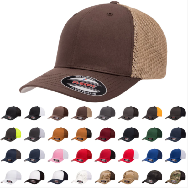 Custom Fitted Flexfit Trucker Hats with Leatherette Patch Logo or Design